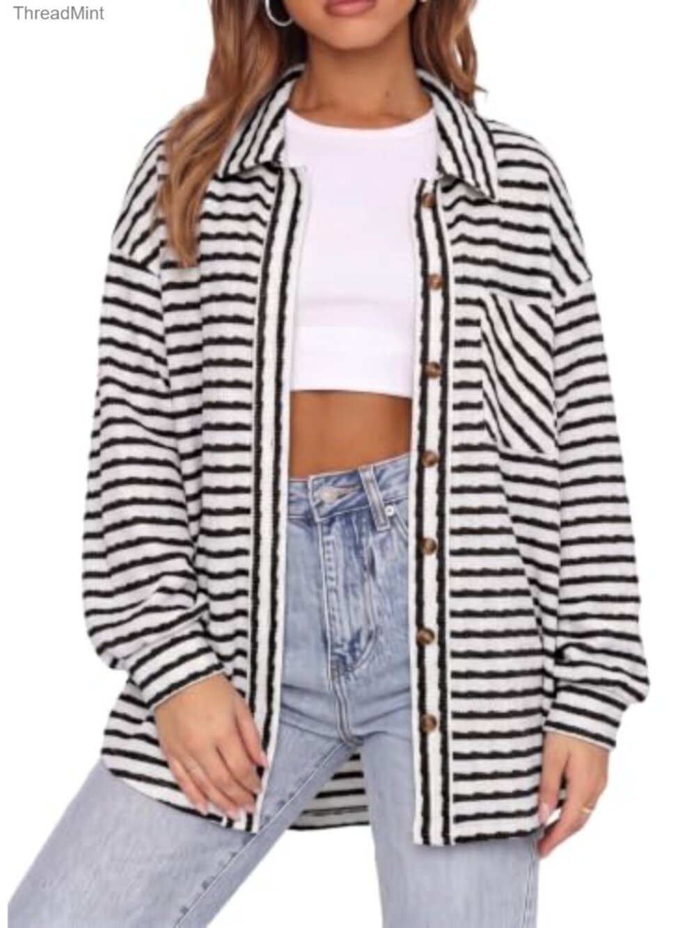Striped Long Sleeve Shacket for Women Casual Button Up Loose Fit